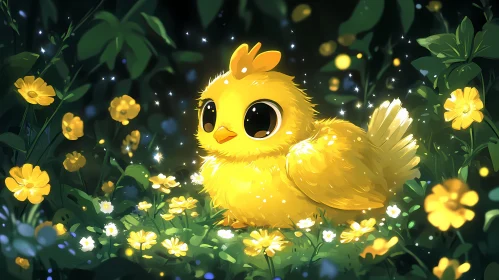 Whimsical Chick Amongst Blossoming Flowers