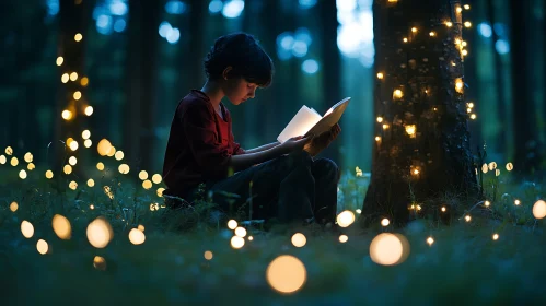 Child Reading in Enchanted Forest