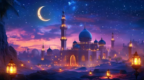 Serene Mosque at Night with Crescent Moon