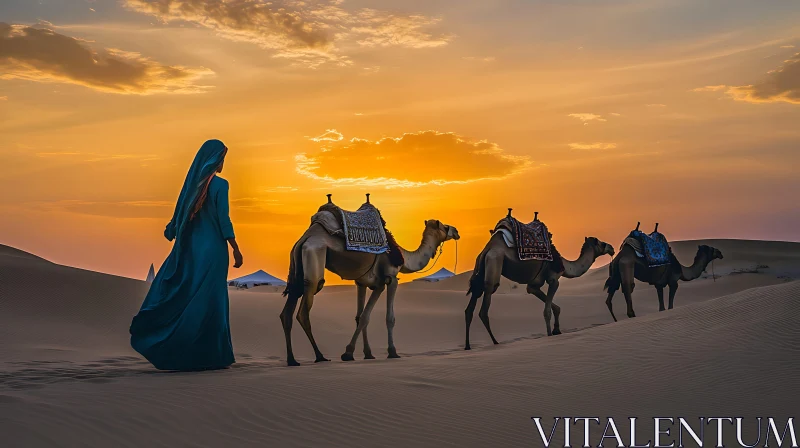 Camels in Desert at Sunset AI Image