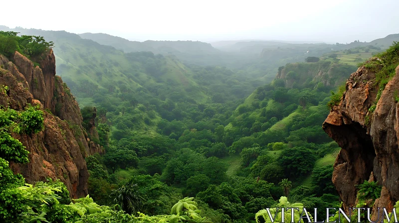 Lush Green Valley Surrounded by Rocks AI Image