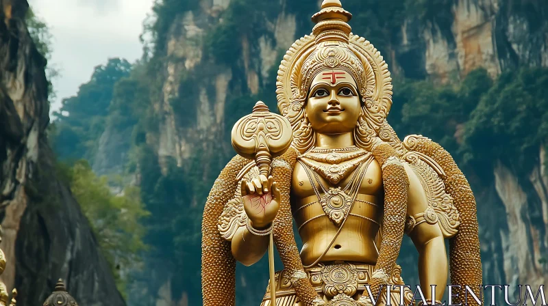 Ornate Golden Statue with Mountain View AI Image