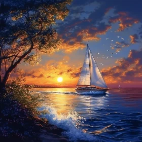 Seascape with Sailboat and Birds