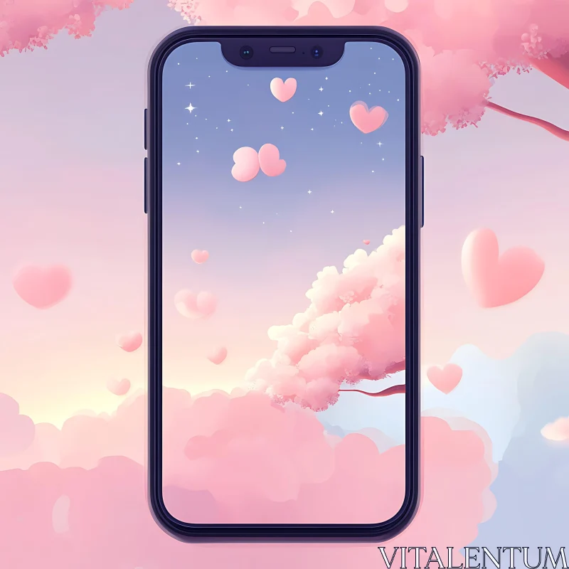 Romantic Sky with Hearts on Phone AI Image