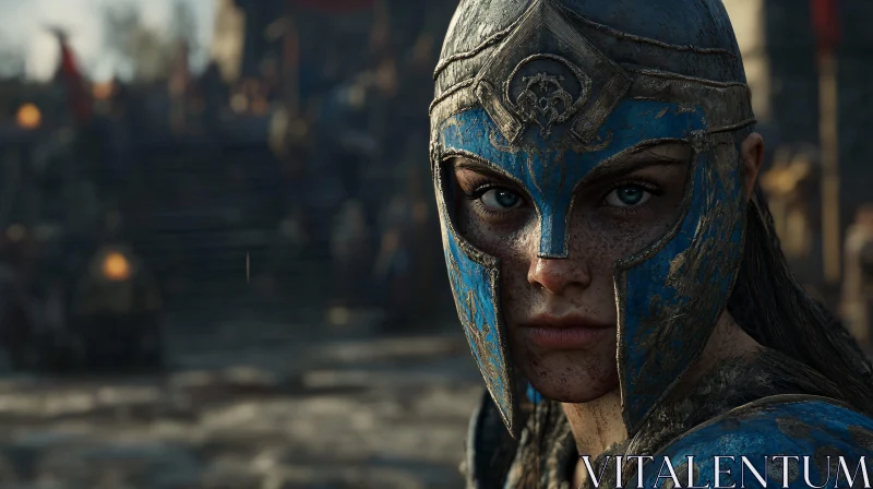 AI ART Female Warrior in Blue Helmet