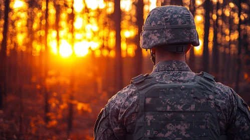 Golden Hour Sentinel: Soldier in the Woods