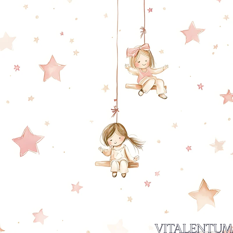 AI ART Dreamy Childhood Scene with Swinging Girls