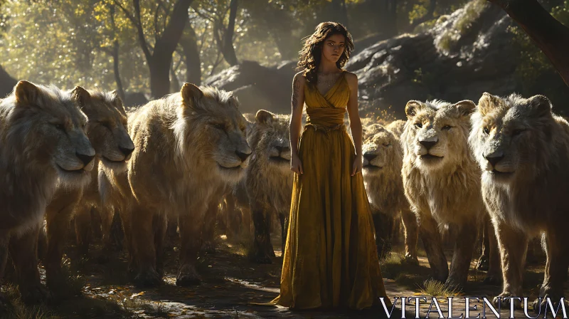 Pride and Poise: A Woman Among Lions AI Image