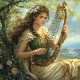 Woman Playing Harp by the Sea