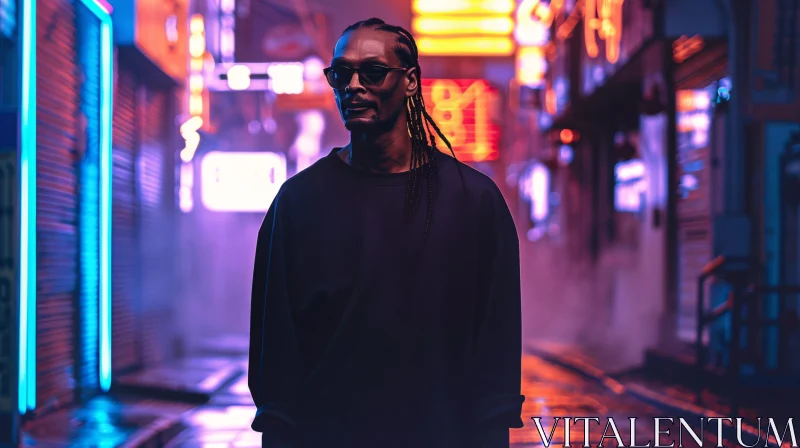 Snoop Dogg in Neon-Lit Nightscape Portrait AI Image