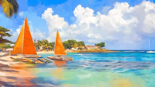 Tranquil Seascape with Orange Sailboats