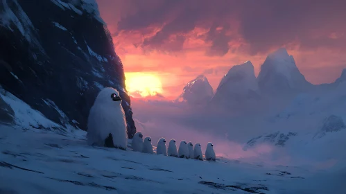 Penguins on Snowy Mountain at Sunset