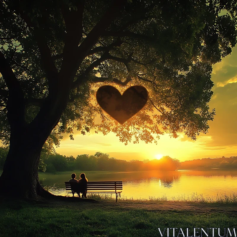 Couple watching sunset at lake AI Image