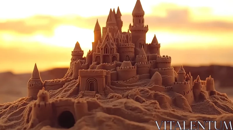 Golden Sandcastle Against Sunset Sky AI Image