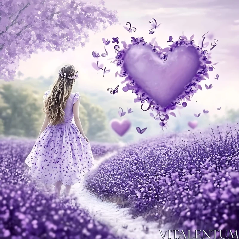 Girl in Lavender Field with Heart AI Image