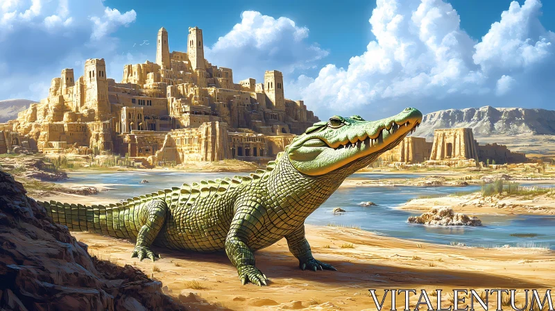 Reptile and Ruins: A Desert Oasis AI Image