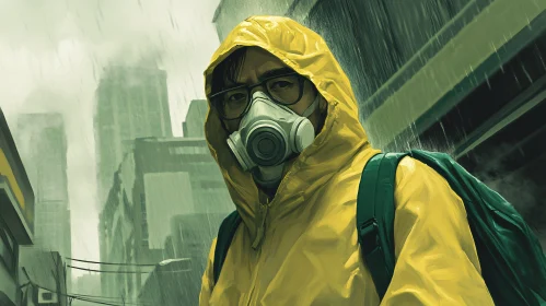 Rainy Cityscape with Masked Figure