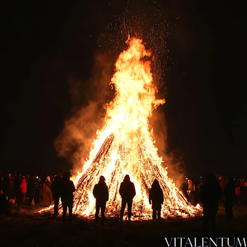 Towering Bonfire in the Night AI Image