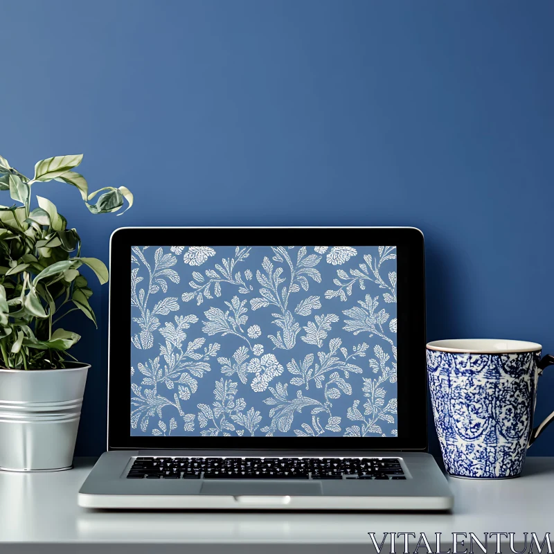 Styled Workspace with Floral Laptop Screen AI Image