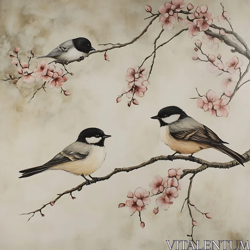 Three Birds on a Flowering Branch AI Image