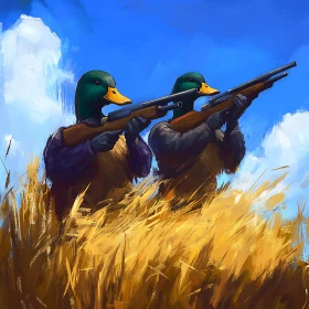 Armed Ducks in Golden Field