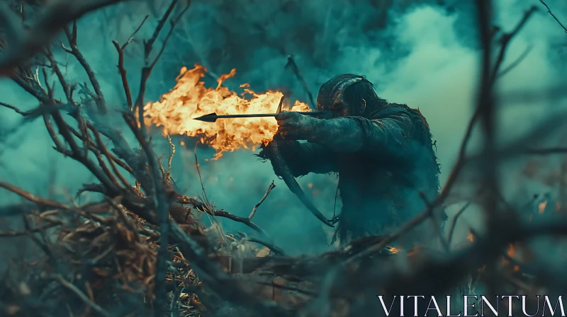 AI ART Warrior Aiming Fire Arrow in Smoky Forest