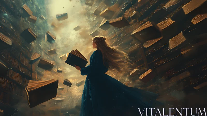 AI ART Enchanting Library Scene with Reading Woman