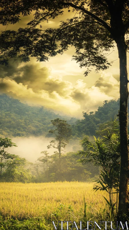 Morning Mist in a Lush Forest Landscape AI Image