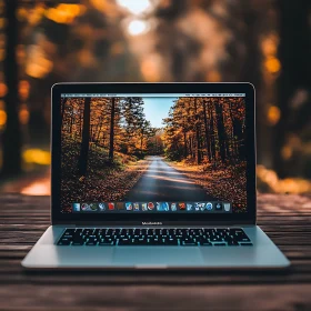 Autumn Forest Path Displayed on Laptop in Outdoor Setting
