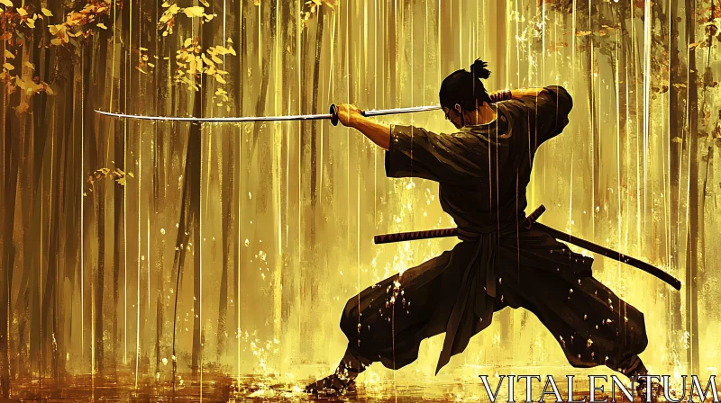 Samurai in Golden Woods AI Image