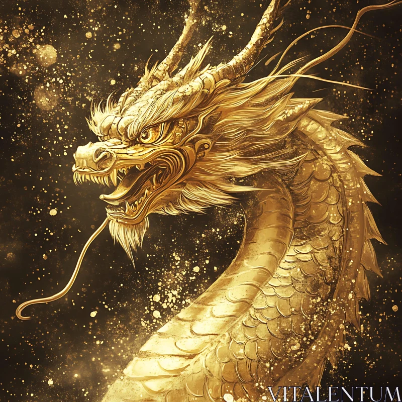 AI ART Mythical Golden Dragon on Dark Background