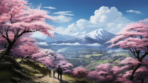 Anime Blossom Spring Artwork - Serene Pastoral Scenes amidst Mountainous Vistas