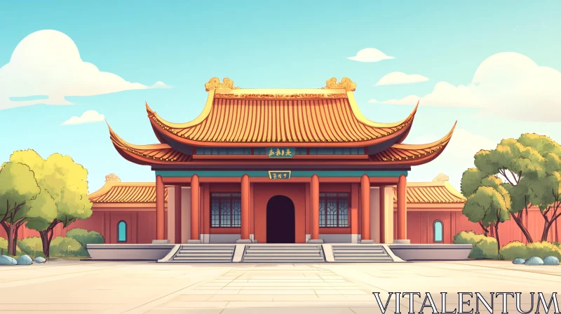 Cartoon Asian Temple with Blue Sky AI Image