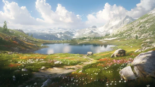 Tranquil Mountain Lake with Meadow