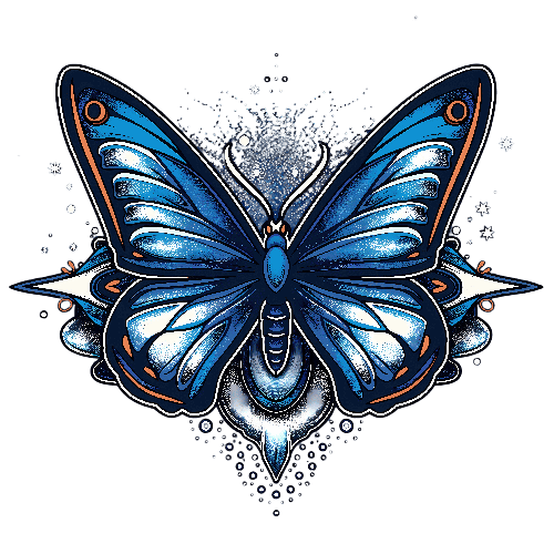 POD Design Blue Butterfly with Stars and Geometric Patterns