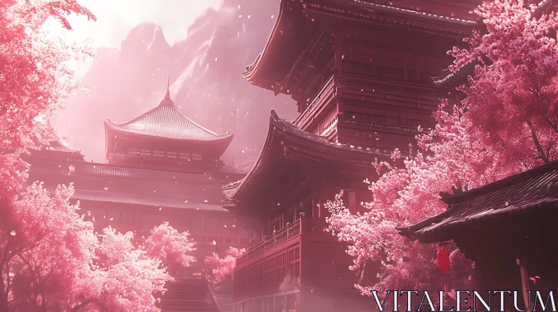 Serene Temple View with Blossoming Trees AI Image