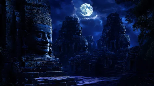 Ancient Stone Faces Temple at Night