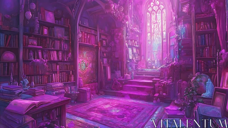 Mystical Purple Library Interior AI Image