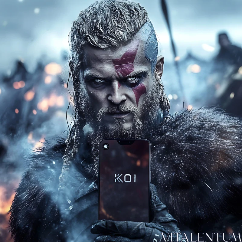 AI ART Modern Viking with Mobile Device