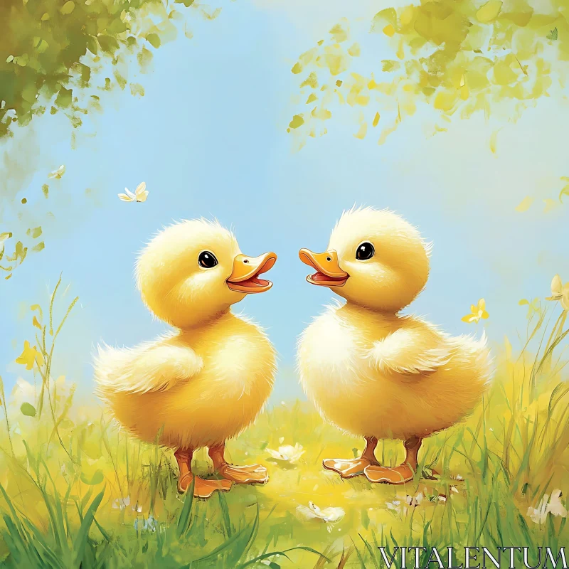 Two Cute Yellow Ducklings Illustration AI Image