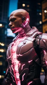 Futuristic Man in Neon-lit Urban Landscape