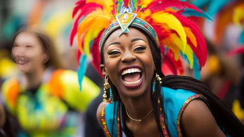 Joyful Woman Celebrating at Carnival with Colorful Feathers