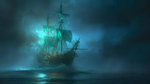 Mysterious Ghost Ship Sailing Through Stormy Waves