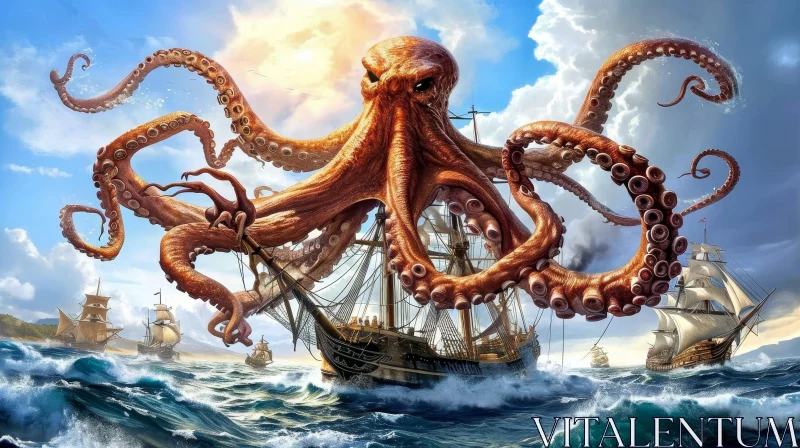 Orange Octopus Attacking Ship in Stormy Sea AI Image