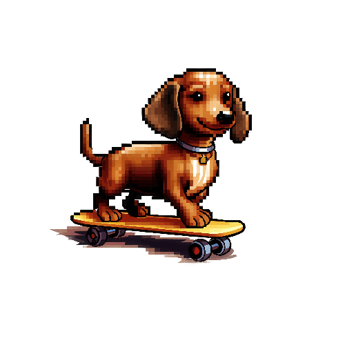 Pixelated Dachshund Skateboarding on Transparent Background POD Design