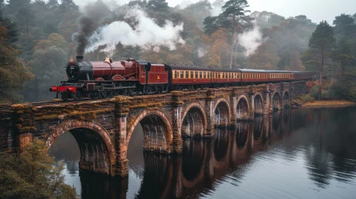 Steam Train Crossing Old Bridge over Lake: Classic British Landscapes