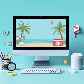 Clean Desk with iMac Showing Beach Scene