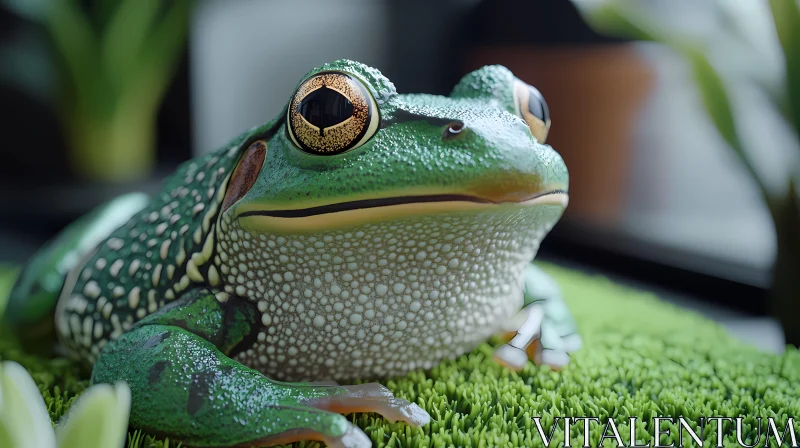 Green Frog Resting on Grass AI Image