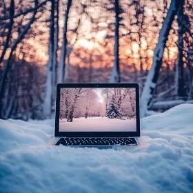 Laptop in Snow-Covered Forest