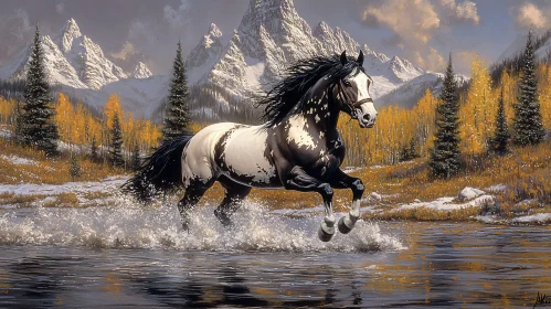 Horse Running in Autumn Mountain Landscape